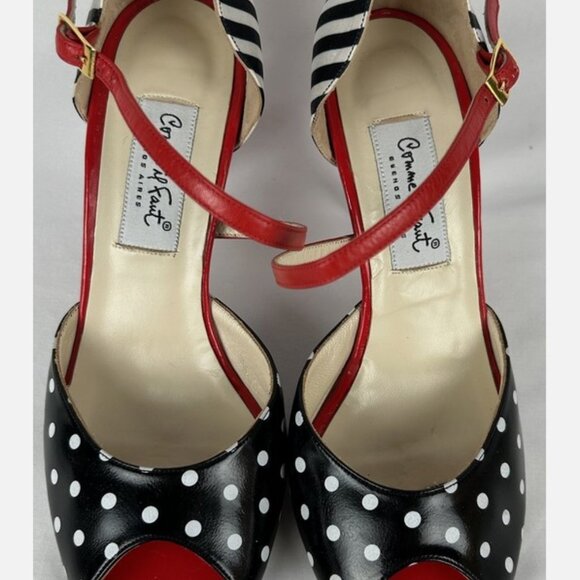 Comme il Faut Argentine Tango Heels Sz 38 US 8 Red Black White Polka Dots Stripe - Picture 5 of 8